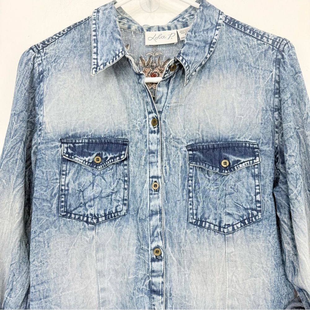 Lola P Embroidered Floral Sparkle Blue Factory Faded Cotton Peplum Tunic Blouse - Picture 11 of 13